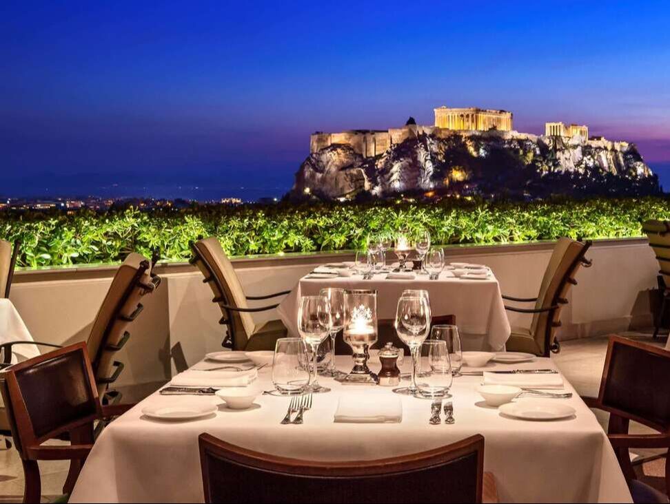 Grande Bretagne hotel evening dining view of Acropolis