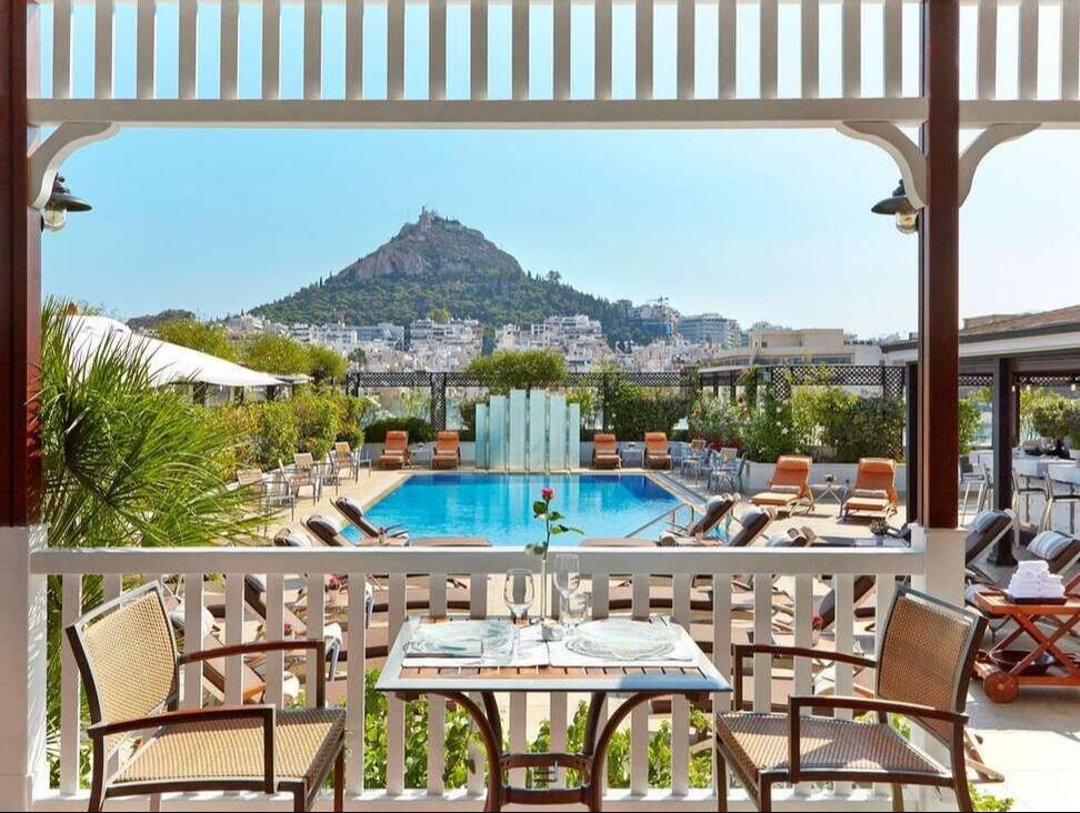 hotel pool and mountains Athens Greece
