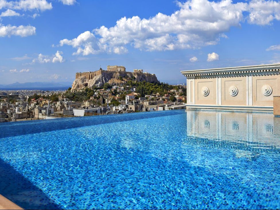 King George hotel rooftop pool view of Acropolis