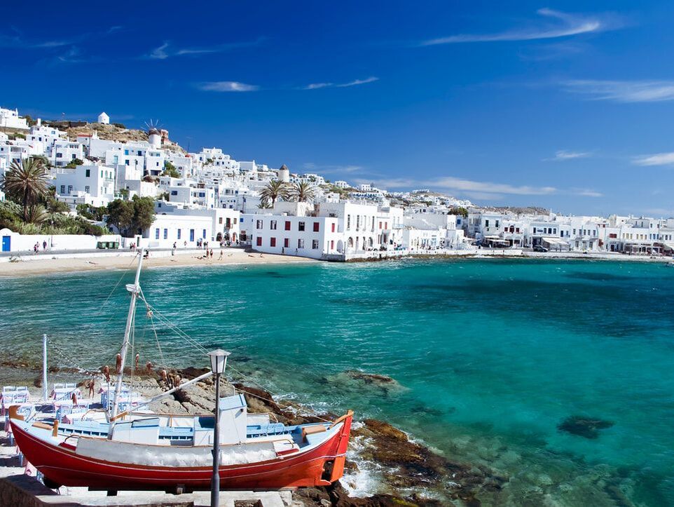 Town of Mykonos harbor and beach