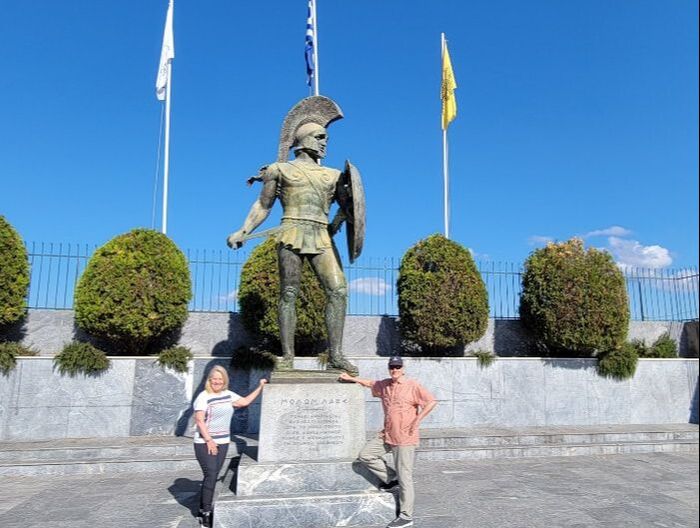 Kim and Stephen warrior statue Sparta Greece